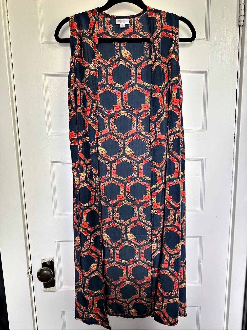 LULAROE Joy Long Duster Vest Blue & Orange Geometric Floral Boho Small Like New